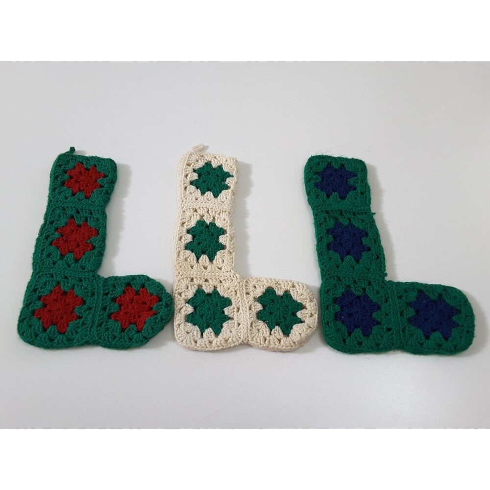 Vintage Granny Square Crocheted Christmas Stocking Lot Of 3
